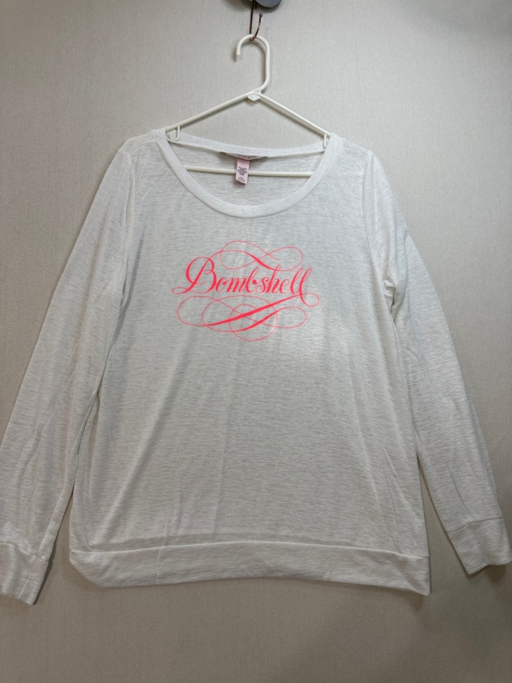 Victoria's Secret White Long-Sleeve Tee with Pink 'Bombshell' Script Logo